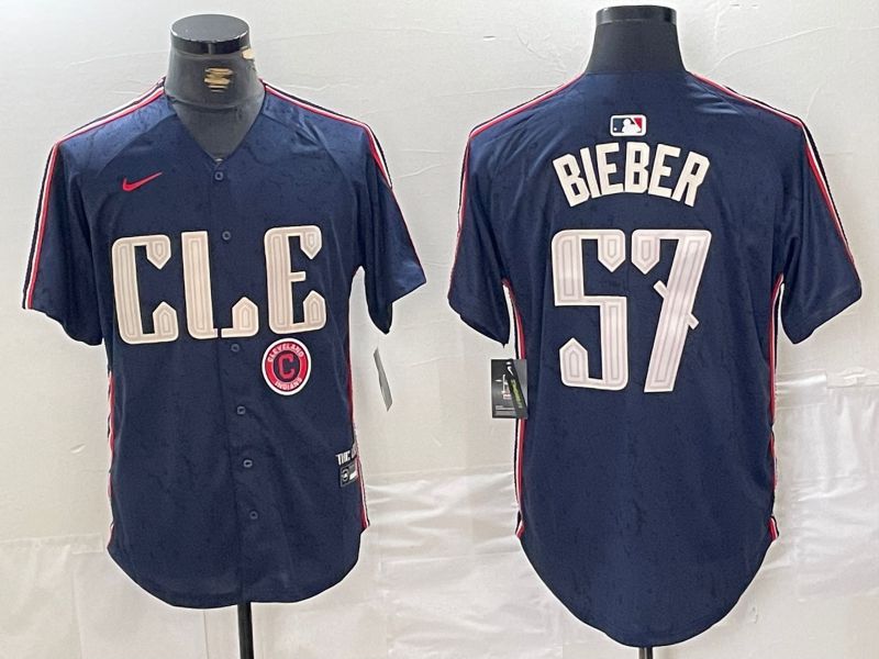 Men Cleveland Indians 57 Bieber Blue City Edition Nike 2024 MLB Jersey style 5
